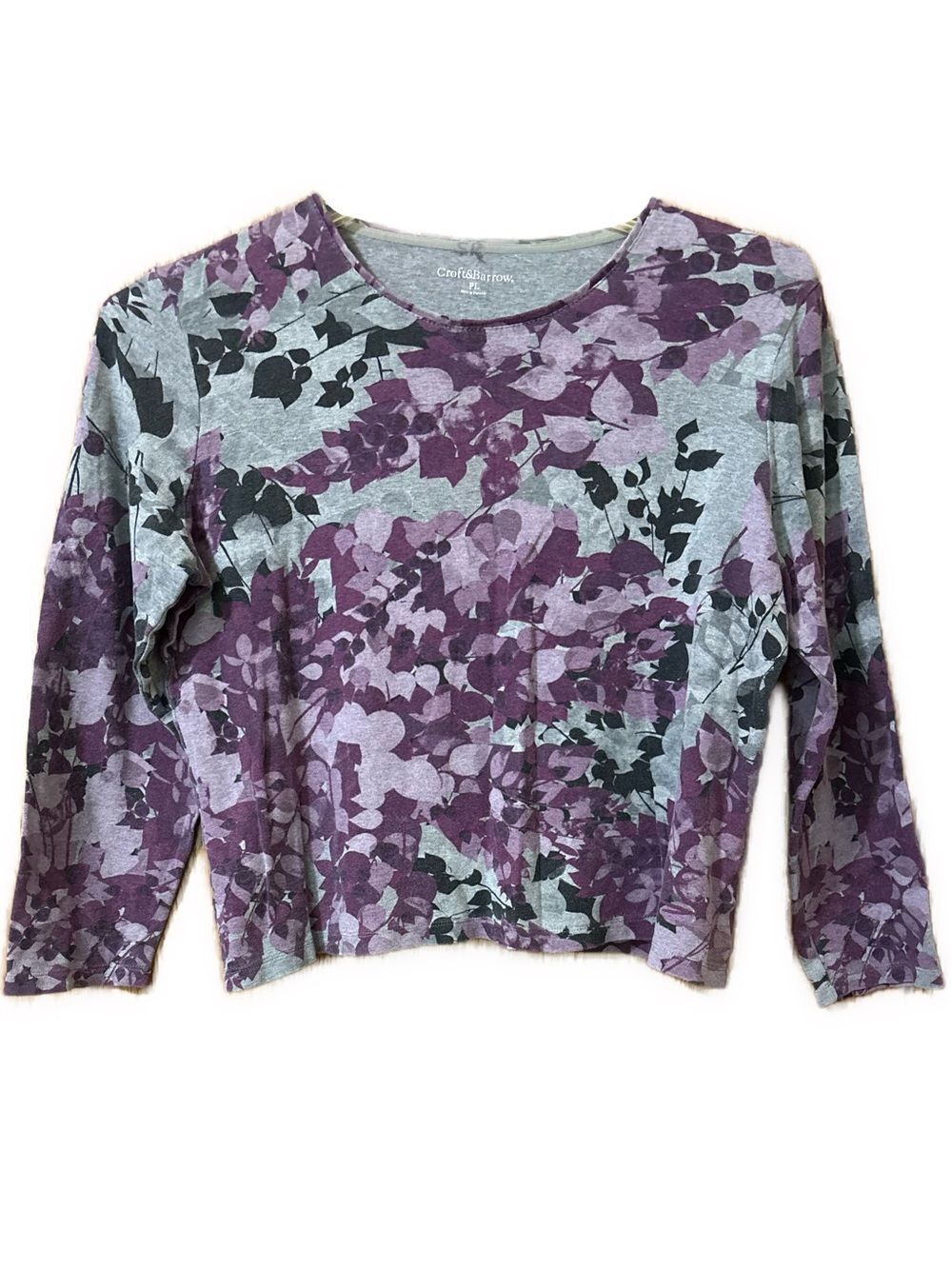 Croft & Barrow Petite Large Purple & Gray Abstract Floral Long Sleeve T-Shirt